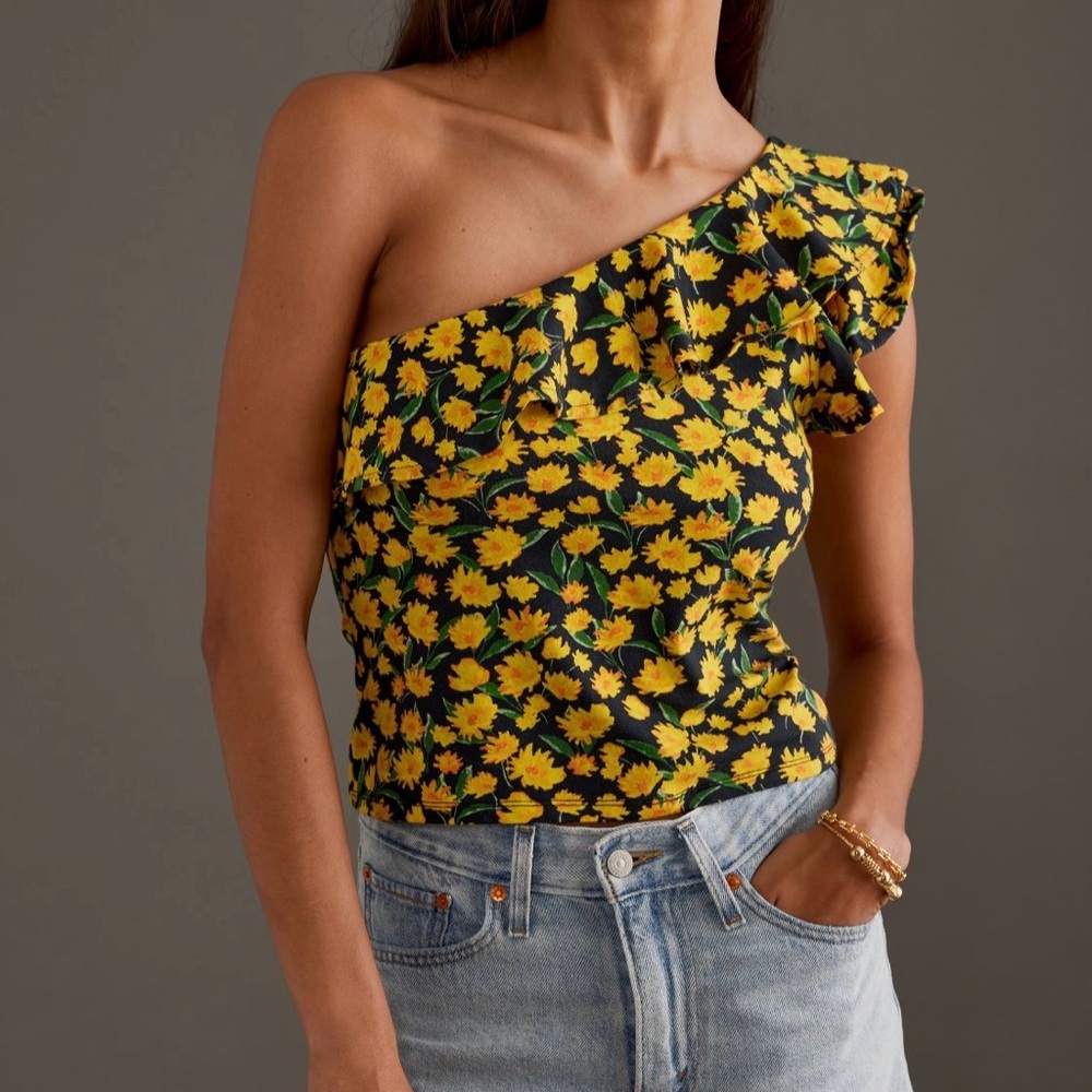 Maeve One-Shoulder Yellow Ruffled Top
